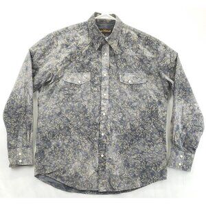 Liquid West Western Shirt Men Large Gray Yellow Floral Cotton Classic Pearl Snap